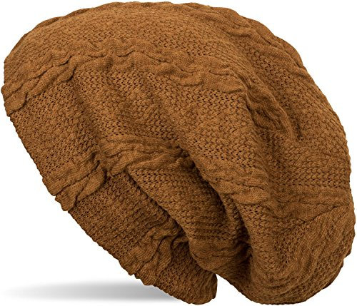 styleBREAKER warme Feinstrick Beanie Mütze mit Zopfmuster und Fleece Innenfutter, Slouch Longbeanie, Unisex 04024131, Farbe:Cognac