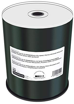 Professional Line CD-R 700 Mb| 80 minuti di velocità di scrittura 52 volte superiore, stampa su tutta la superficie (trasferimento termico), bianco Proselect completamente metallizzato, 100 cakebox