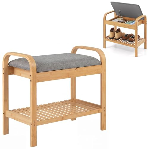 Giantex Small Entryway Bench with Storage, 2-Tier Bamboo Shoe Rack Bench with Flip Top Storage Space and Padded Cushion, Shoe Organizer for Entryway, Living Room, Hallway, Bedroom,Natural