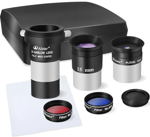 Alstar 8 Piece Eyepiece & Filter Accessory Kit - Fully-Coated Eyepieces, 2X Barlow Lens, Colored Filters, Moon Filter and Sturdy Carry Case - A Useful Set of Accessories for The Newcomer to Astronomy
