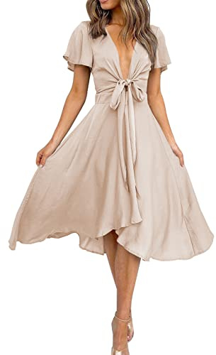 miduo Womens Satin Deep V Neck Ruffle Short Sleeve Tie Front High Waist High Low Midi A-Line Party Dresses Champagne M