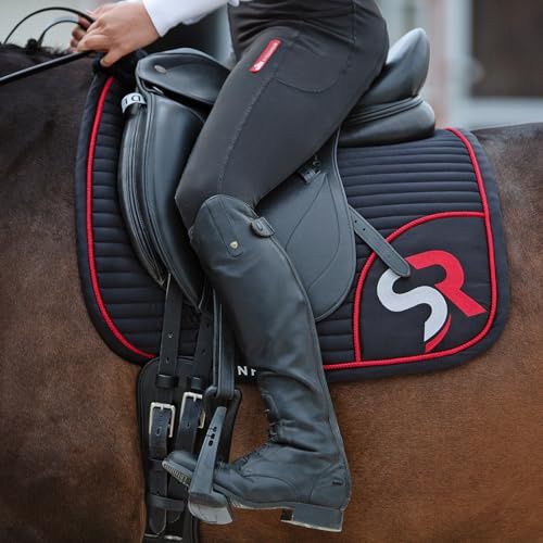 SUNRIDE Dressurschabracke für Pferde - Mesh-Material als zusätzliche Belüftung gegen Hitzestau, pflegeleicht und formbeständig (Full, schwarz/rot)