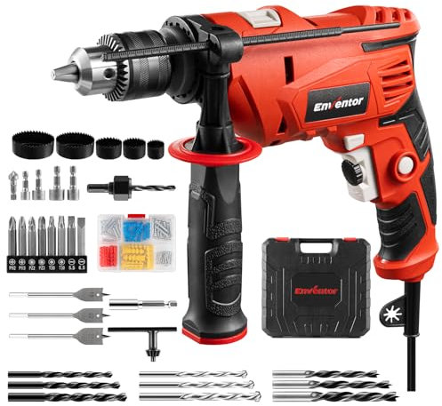 ENVENTOR Perceuse à Percussion Filaire 900W, Perceuse électrique avec 36 Accessoires, Fonction 2 en 1, 0-3000 tr/min, Poignée Rotative à 360°, mandrin de perçage 13 mm, pour Béton, Métal et Bois