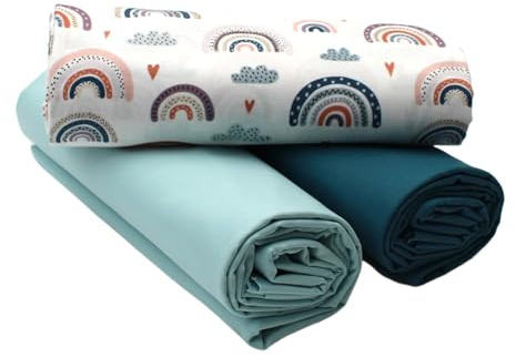 VmG-Store 1,5m Baumwollstoff Set Designstoff + 2x Uni farblich abgestimmt 100% Baumwolle Material Auswahl (Regenbogen Pastell Weiß Set01)