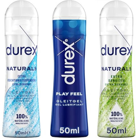 Durex Play Gleitgel Ausprobierpaket | Naturals Feuchtigkeitsspendend & Play Feel & Naturals Sensitiv (3 x 50ml)