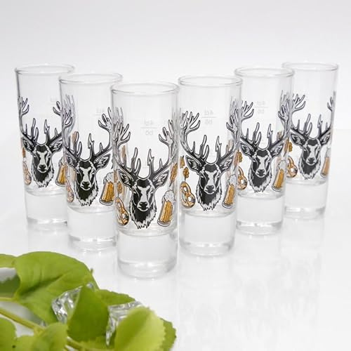 Set di 6 bicchieri da liquore – Design testa di cervo – 6,5 cl con 2 cl & 4 cl tacca – a scelta puro o misto colorato – Idea regalo per feste e amici, uomini e donne, cervo pretzel GTK27.30.42