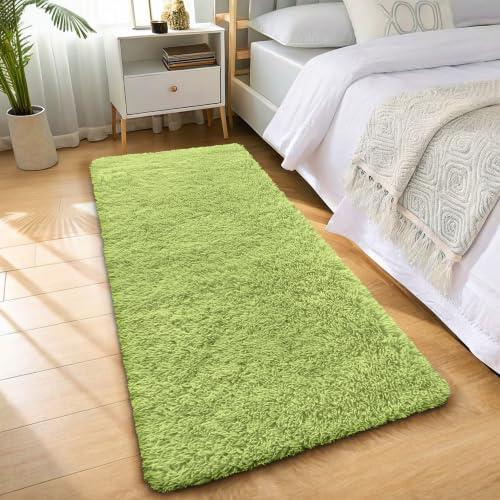 smiry Fluffy High Pile Runner Rugs Bedside Carpet 80x150 cm, Grass | 3.5cm-Pile Extra Soft Machine Washable Area Rugs, Thick Foam Anti-Slip Backing, Shaggy Home Decor for Bedroom Nursery Office