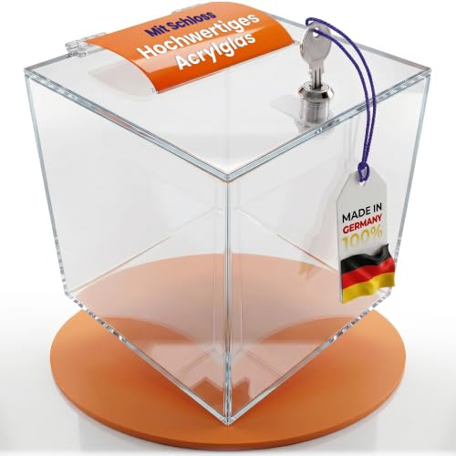 EH Design Spendenbox abschließbar mit Schloss 20 x 20 x 20 cm – Transparente Acrylglas Losbox 7x bruchfester als Glas – Made in Germany – Spendendose für Verein, Hochzeitspostbox, Tombola & Wahlurne