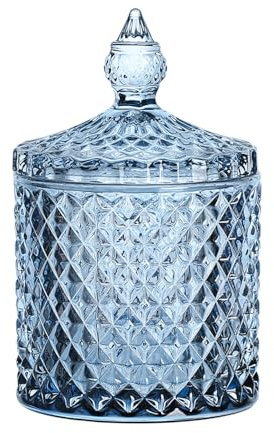 Sizikato Diamond Faceted Crystal Glass Candy Jar with Lid, Blue Decorative Jar, Jewelry Box, Cotton Swab Storage Holder.