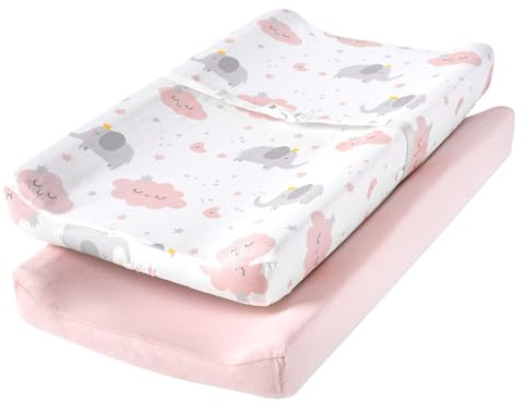 TILLYOU Changing Pad Cover Set in Soft Jersey Material - Fits 32/34''x16 Contoured Pad for Babies,Elephant & Cloud, Pink