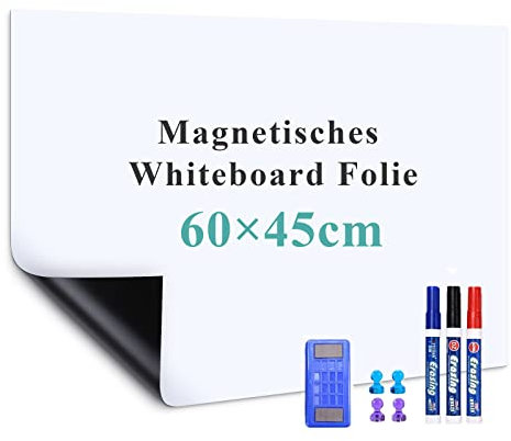 Warasee Whiteboard Magnetisch Folie, 45 * 60cm Magnettafel Selbstklebend, Magnetfolie Weiß Abwischbare, a3/a4 Leicht Zugeschnitten, für Startseite Schule, mit Markers & Whiteboard Schwamm & Magnetes