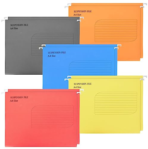 Tinsellns 10Pcs A4 Suspension Files Filing Cabinets with Tabs and Card Inserts, 5 Colors Hanging Storage Folders for Office Paperwork Home School Organization, Blue,Orange,Red