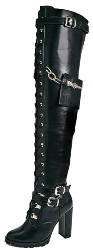Yishaweiqi Buckle Strap Thigh High Boots for Women Chunky Block High Heel Over The Knee Boots Lace up Riding Combat Boots Ladies Side Zipper Tall Long Boots
