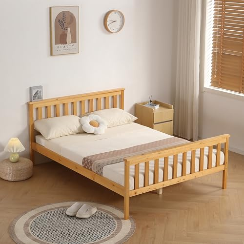 Comfy Living 4ft6 Double Bed Frame, Solid Pine Wooden Bed for Adults Kids Teenagers, Atlantis Style, Caramel (No Mattress)