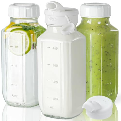 Syntic Glass Juice Bottles with Lids, 3 Pack Clear Glass Water Bottles w 2 Pour Spouts, 16 Oz Reusable Milk Jug w 100% Airtight Cap and Scale for Juicing Containers, Breast Milk Storage, Drinking Jar