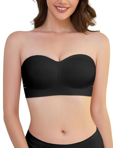 Xnova Women's Strapless Bras Wireless Invisible, Bandeau Nude Bra Non-Slip Silicone Tube Top, Seamless Multiway Convertible T Shirt Bralette with Removable Straps (Black, L)