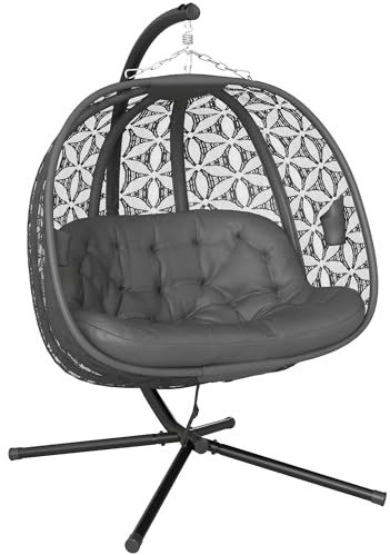 Outsunny Outdoor Double Hanging Chair, Swing Chair with Metal Stand, Thick Padded Cushion, Foldable Basket and Cup Holders, for Indoor and Outdoor, Charcoal Grey