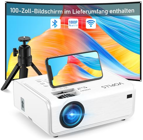 Smart Beamer【Elektrische Keystone 6D/4P】 VOPLLS Elektrische Fokus 22000 Lumen Beamer 4K Unterstützt, WiFi6 Bluetooth Full HD 1080P Video Heimkino/Outdoor Projektor für Handy/Laptop