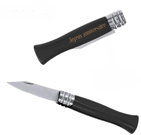 mabouteille.fr Couteau de poche personnalisé VIRTUOSE - Pliable avec poignée en bois & cran de verrouillage | Gravure laser sur manche [ Couteau personnalisé homme ] (Noir)