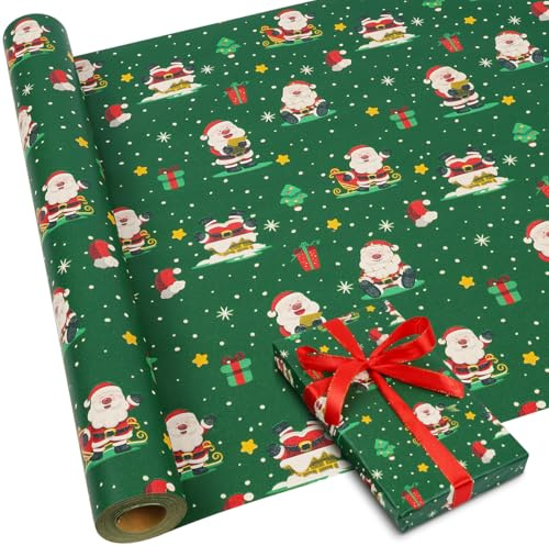 Rotolo di carta da regalo verde da 16 m, 43 cm, carta kraft riciclabile, motivo Babbo Natale, decorazione regalo per feste di Natale