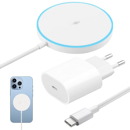 Chargeur Induction MSafe 15W pour iPhone, Chargeur sans Fil Rapide Compatible avec Msafe Apple, Station de Charge iPhone et AirPods, avec Prise PD 20W et Câble Type-C 1m