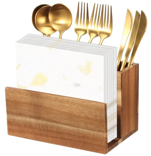 Sutowe Besteckkorb mit Serviettenhalter für Gabel, Löffel und Messer, 3-Fach-Besteckhalter aus Holz, Aufbewahrung für Besteck auf der Arbeitsplatte für Partys, Küche, Restaurant