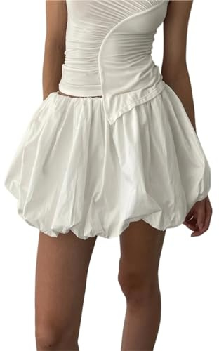 XUMKFJRE Minigonna a Bolle Gonna Corta a Palloncino Tinta Unita, Stile Dolce for Ragazze, con Vita Elastica, vestibilità Ampia e Casual da Donna(White,L)