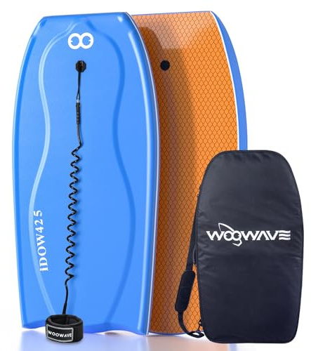WOOWAVE Bodyboard 42.5 inch Includes Premium Body Board Bag and Coiled Wrist Leash, Pro Performance Body Board for Kids Adults - PE Core, IXPE Foam Deck, HDPE Slick Bottom, FRP Stringers (Blue)