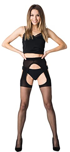 SENTELEGRI Medias con tirantes falsos de 20 denier, bragas de tiras, Negro, M