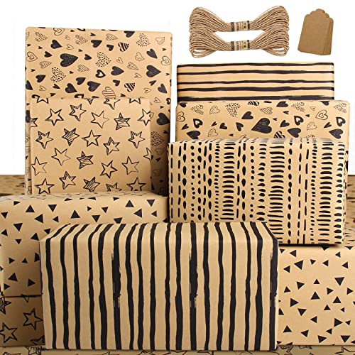 Carta da regalo, per donne, ragazze, ragazzi, bambini, set di carta regalo per confezionare regali di compleanno/metrimonio con motivi misti, colore nero e marrone