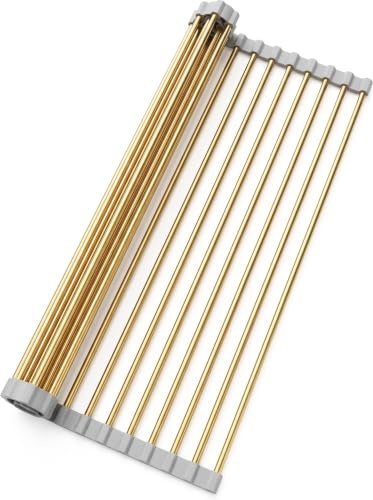 Snailhouse Escurridor enrollable, en acero inoxidable, para colocar sobre el fregadero, con silicona antideslizante, para encimera de cocina, oro (45,2 x 49,9 cm)