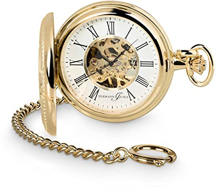 Hermann Jäckle Herren Taschenuhr Bayreuth II Vergoldet Skelett 50 mm | Vergoldetes Gehäuse, Skelett-Design, Handaufzugswerk, Mineralglas, inklusive Kette und Reiseetui