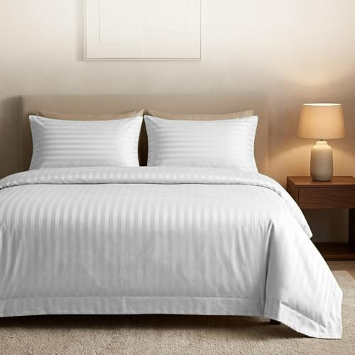 Casabella Satin Stripe Duvet Cover Sets,Luxury White Bedding with Stripes,Super king Duvet Set,Hotel Quality Superking Duvet Cover & Pillowcases,White Satin Stripe Super King Duvet Cover