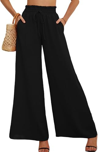 AusLook Women's Wide Leg Dress Pants with Pockets Black Medium Lightweight Elastic High Waisted Adjustable Tie Knot Flowy Loose Slacks Lounge Casual Ladies Beach Pleated Trousers