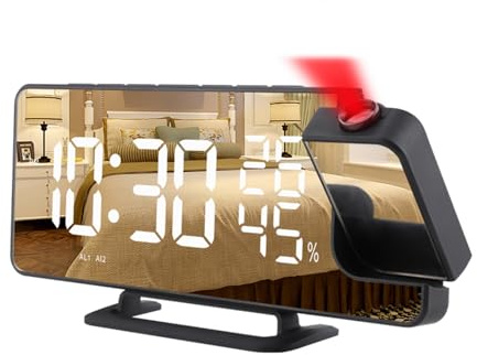 ThreeH Digitaler Projektionswecker Funkwecker mit Snooze Funktion 12/24H Temperatur Luftfeuchtigkeitsanzeige Spiegelanzeige USB Ladeanschluss Schwarz