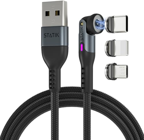 Statik 360 roterande magnetisk laddningskabel, USB-C laddningskabel med 3 utbytbara magnetiska terminaler, iProduct, Micro-USB, USB-A och USB C, för telefon, svart, 1 m