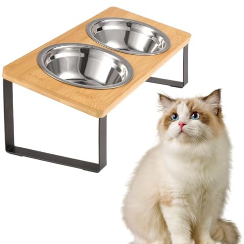 Bols relevés de nourriture pour chat inclinés de 15° en acier inoxydable surélevés avec support en bois pour chats et chiens de petite taille, anti-vomissement, antidérapant (2 bols)