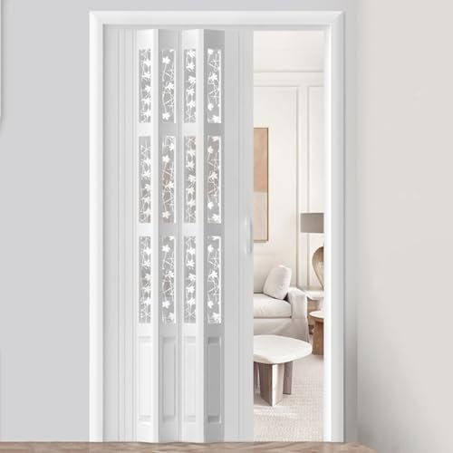 Puerta Acordeón Puerta Corredera Plegable Magnética para Sala de Estar, Puerta Plegable Blanca con Estampado de Hojas de Arce, Puertas Divisorias Decorativas de Acordeón para Interiores(48x80in (122x2