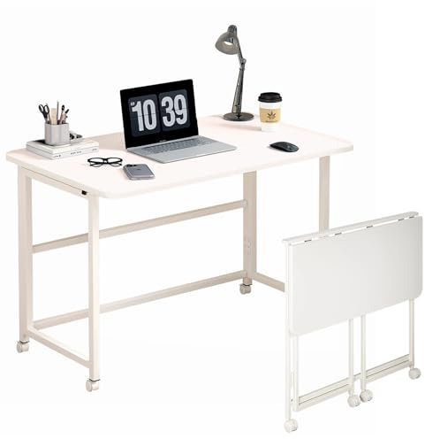 Taotigzu Klappschreibtisch mit Rollen 80X40CM, Mini Schreibtisch, Kleiner Computertisch, Mobiler Laptoptisch für das Heimbüro, Faltbar und Platzsparend (Weiß, 80x40cm)
