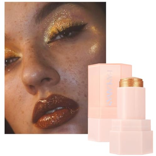 KARLOR Highlighter Stick Glitter Face Body Highlighter Pen Makeup Pink Shiny Body Shimmer Pearlescent Fine Sparkling Delicate Glitter for Nose Eyes Collarbone (04#Gold, 9g)