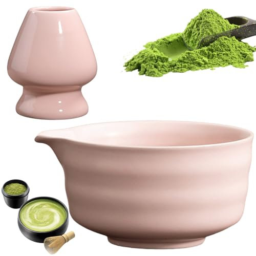 GOMETY Cuenco japonés Matcha con boquilla, cuenco tradicional de té Chawan con estante batidor, cuencos de té de cerámica (color rosa)