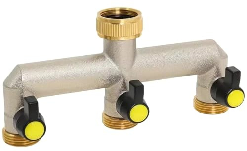 Ideal Water Flow Control 3-Way Brass Garden Hose Splitter, Automatic Irrigation Systems, Valve Water Distributor, Home and Garden Use, 3/4 Brass Valve with Knobs