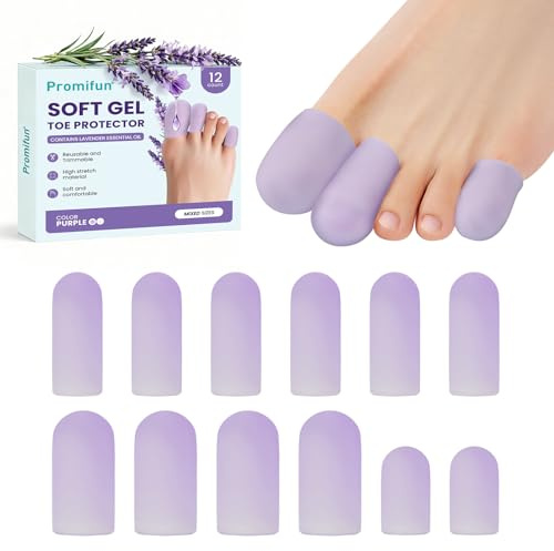 Promifun Silicone Toe Protectors, 12 pcs Soft Gel Toe Protectors for Men & Women-Toe Caps for Foot Pain Relief-Toe Sleeves for Ingrown Toenails, Corns, Calluses, Blisters(Lavender, 4L+6M+2S)