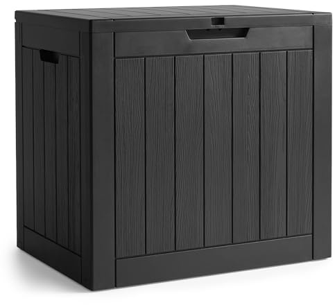 AKORD Gartenbox Wasserfest 117L Aufbewahrungsbox für Balkon & Terrasse, Kissentruhe aus robustem Kunststoff in Holzoptik, Polypropylen, 56 x 43,1 x 53,2 cm, Schwarz