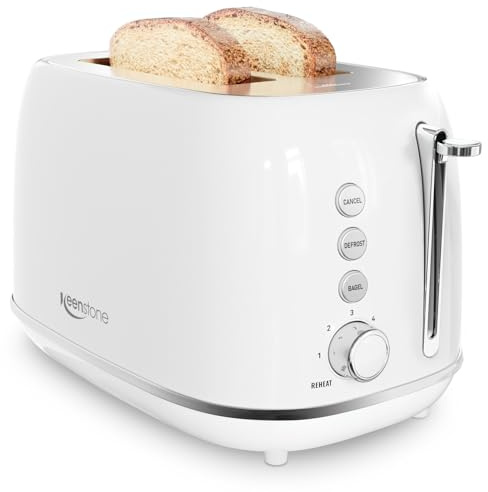 Keenstone Toaster 2 Slice, Retro Wide Slot Stainless Steel Toaster with 6 Browning Levels, Reheat & Defrost, for Bagel, Toast, Bread, Kitchen Essentials, Removable Crumb Tray, White