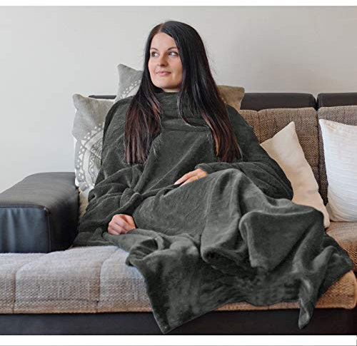 HOMELEVEL Kuscheldecke aus Microfaser mit Ärmeln Ärmeldecke Sofadecke 200cm x 150cm TV Decke mit Armen Design Wohndecke Decken (Dunkelgrau)