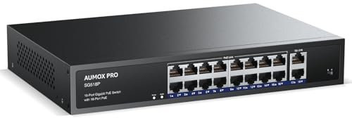 16 Port Gigabit PoE Switch,AUMOX PRO SG518P 18 Ethernet Unmanaged PoE with 2 Gigabit Uplink 250W,Plug and Play,Sturdy Metal Desktop, Wall Mount or Rackmount Network Switch, 802.3af/at Compliant