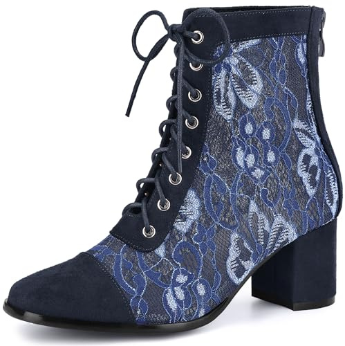 Perphy Women Floral Lace Square Toe Lace Up Block Heels Ankle Boots