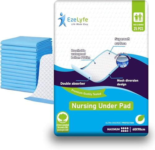 60 x 90cm Disposable Incontinence Bed Pads, Bed Mats, Max Absorbent Waterproof Protective Mats For Bed Mattress, Sofa & Chair, Babies, Children, Adults, & Elderly By EzeLyfe (Pack of 25)