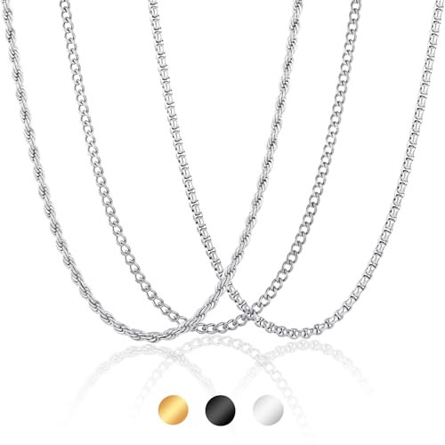 Esmoly 3 Halskette Herren Kette Herren Silber Gold Schwarz 316L Edelstahlkette 2/3/4/5/6mm Panzerkette Cuban Chain Kordelkette Weihnachten Geschenke für Männer Junge 45/50/55/60cm (Silber, 55cm/3mm)